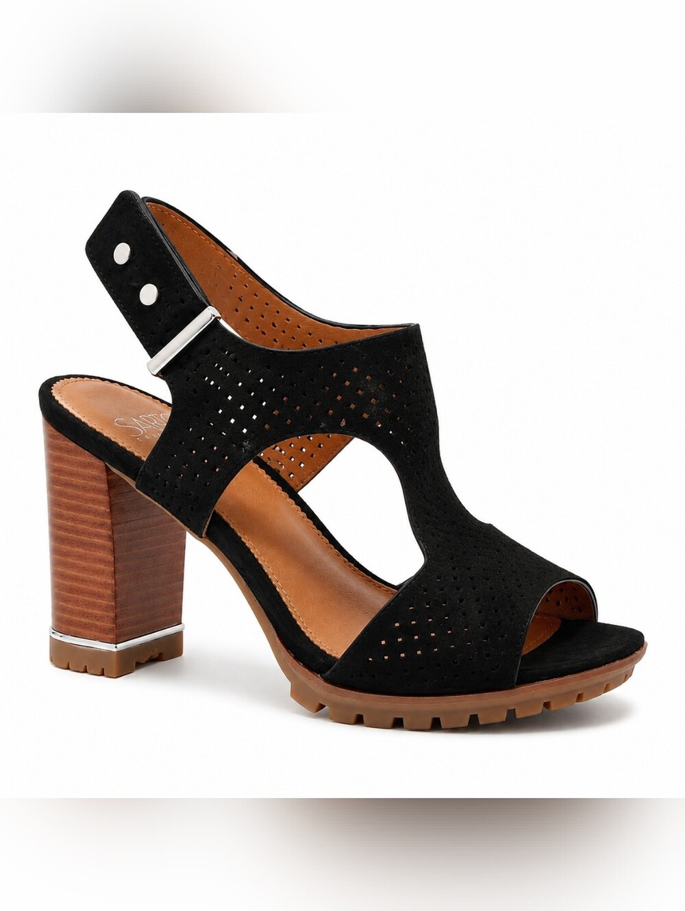 Franco Sarto Allister Black Perforated Suede Block Heel Lug Sole Sandals 7.5
